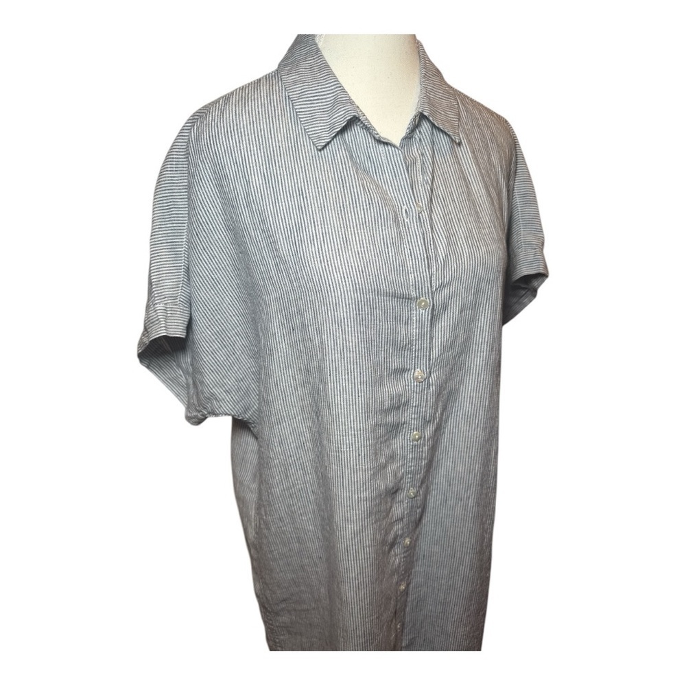 Tahari Railroad Striped Linen ShirtDress Sz L Nautical Blue White Coastal Beach - Picture 8 of 13
